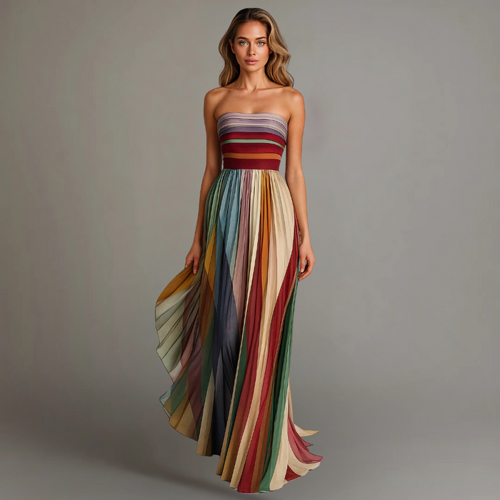 Camille | Women's Elegant Striped Pleated Maxi Wedding Guest Dress