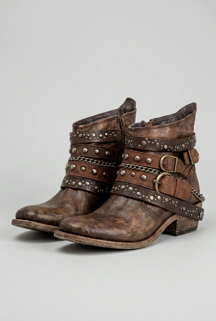 Cassidy | Womens Retro Distressed Studded Western Ankle Boots