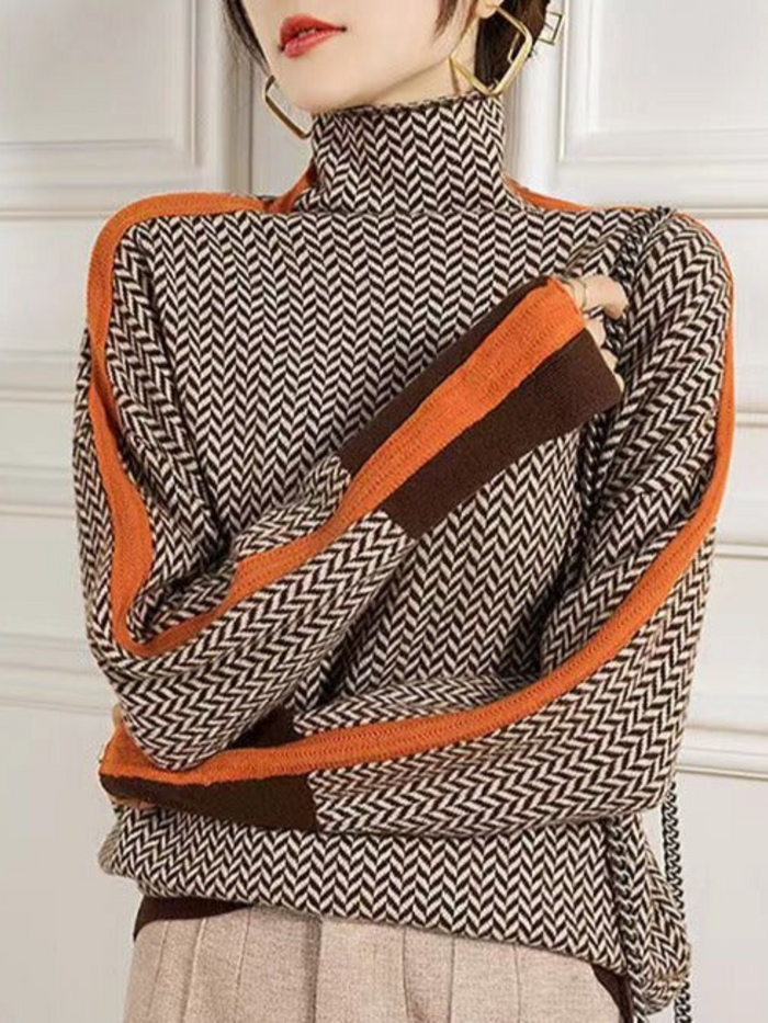 Ramona | Womens Chic Elegant Herringbone Knit Striped Sweater