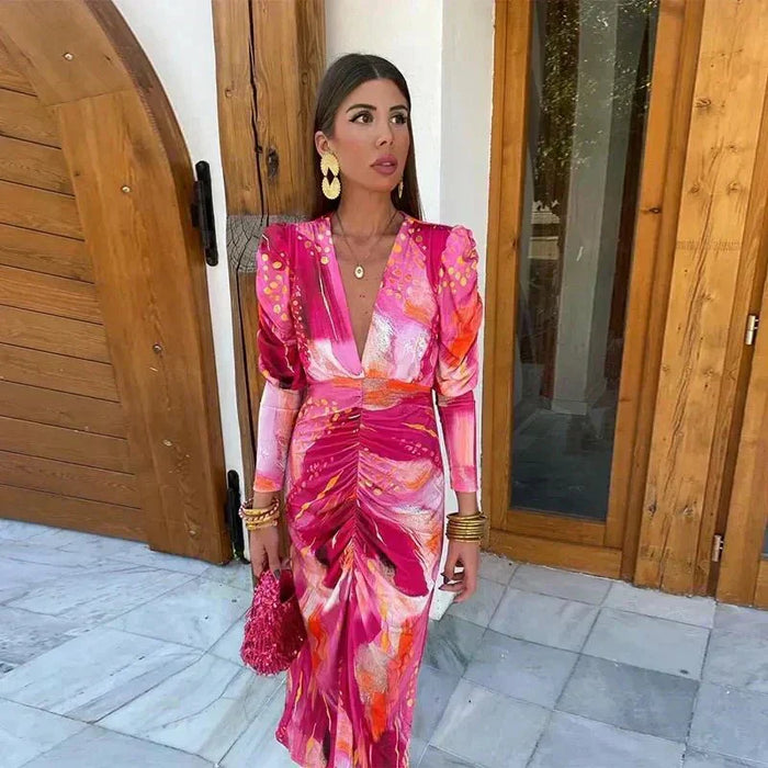 Carmen | Printed Ruched Midi Wedding Guest Dress