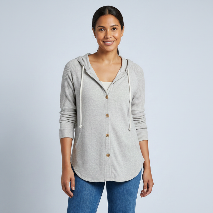 Feliz | Womens Casual Relaxed Waffle Knit Button Front Hoodie