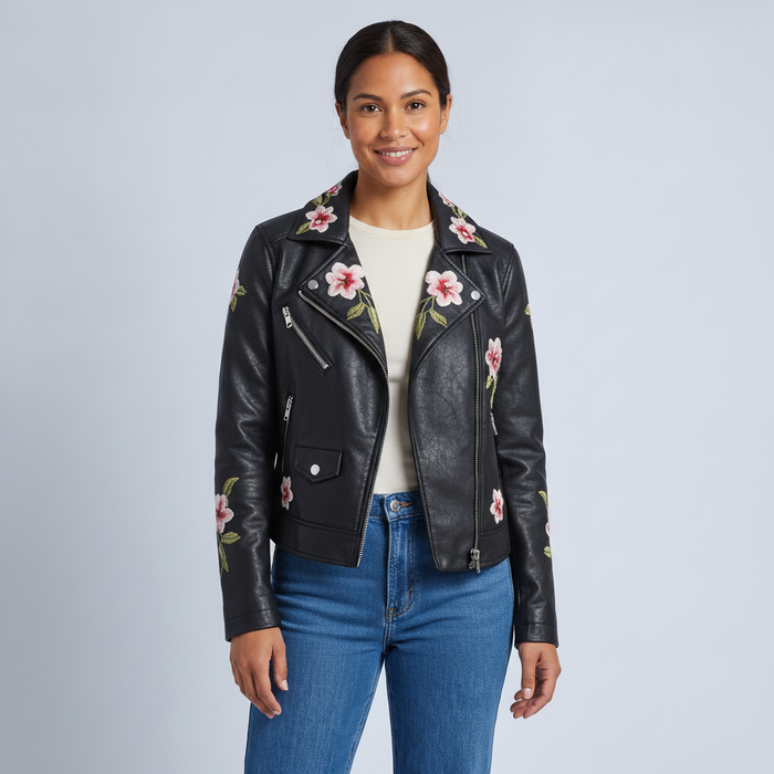 Darcy | Womens Cropped Floral Embroidered Zip Up Moto Biker Jacket