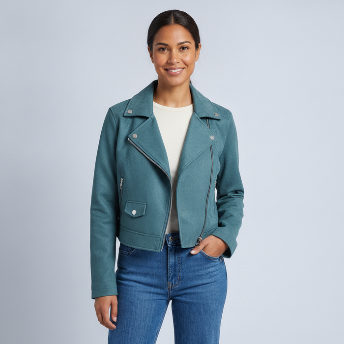 Frankie | Womens Casual Cropped Lapel Zip Up Moto Biker Jacket