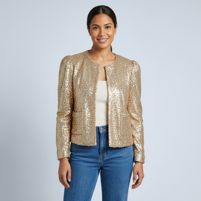Gloria | Womens Casual Collarless Open Front Sequin Pocket Jacket
