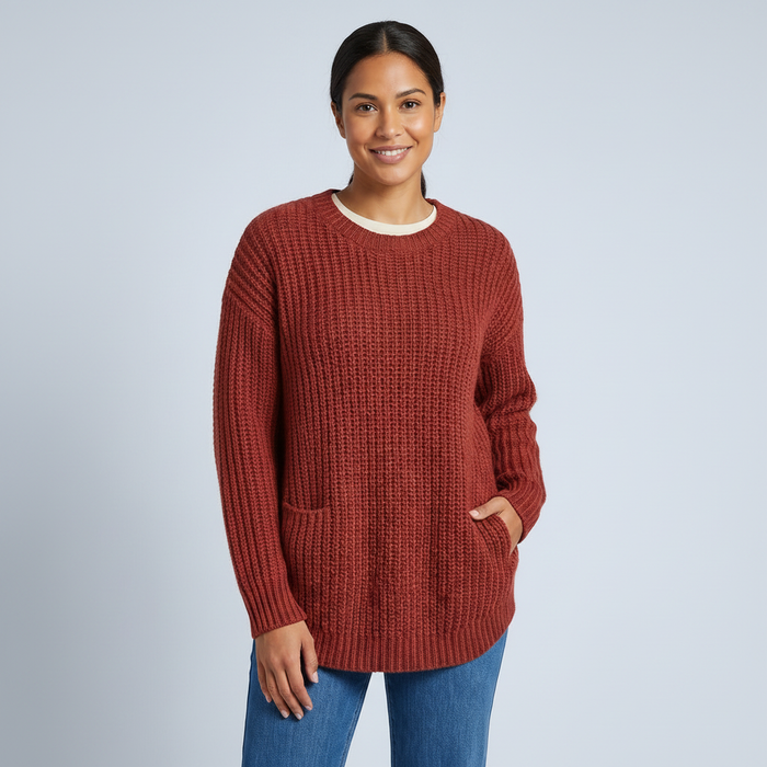 Anita | Womens Loose Relaxed Waffle Knit Crew Neck Pocket Sweater