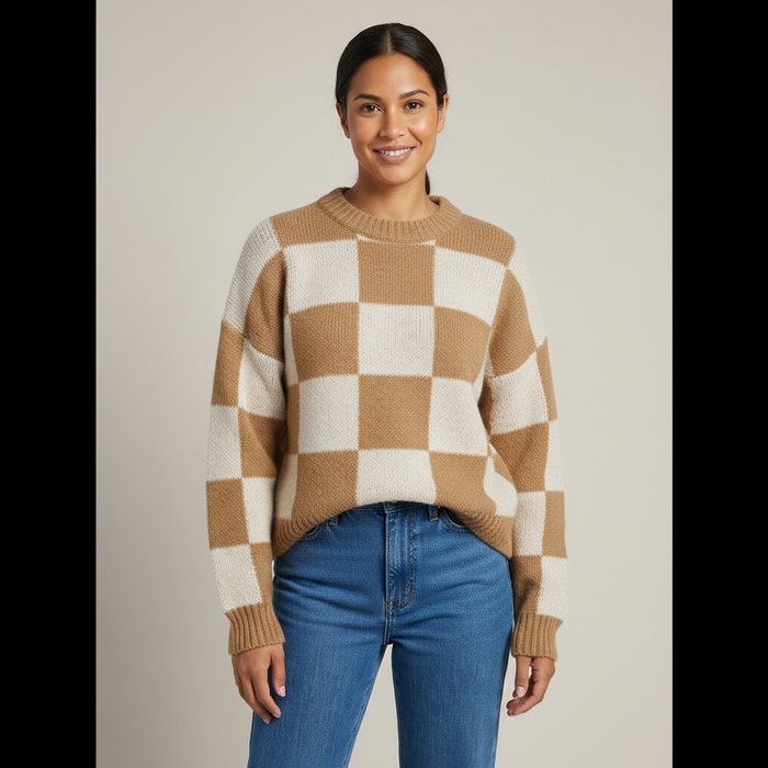 Andrea | Womens Casual Relaxed Checkerboard Knit Crew Neck Sweater
