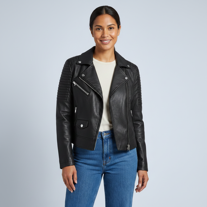 Debbie | Womens Classic Quilted Panel Zip Up Moto Biker Jacket
