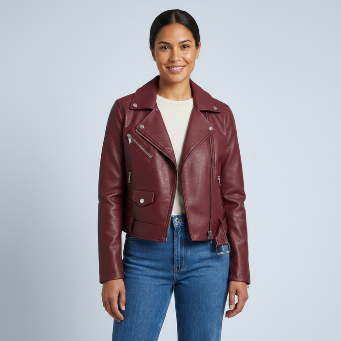 Larkin | Womens Casual Cropped Belted Zip Up Moto Biker Jacket