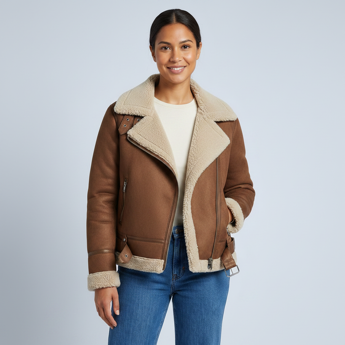 Dominique | Womens Casual Cropped Sherpa Lined Aviator Biker Jacket