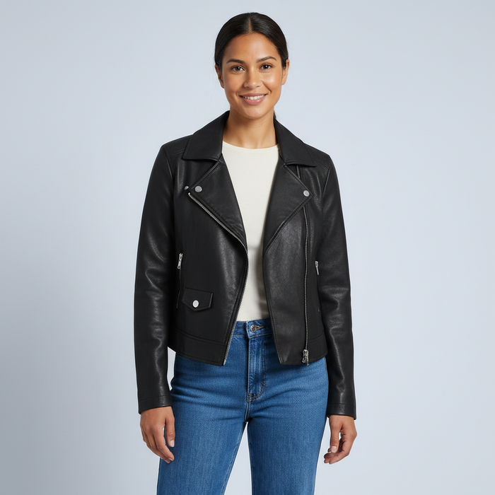 Annika | Womens Casual Relaxed Zip Up Lapel Moto Biker Jacket